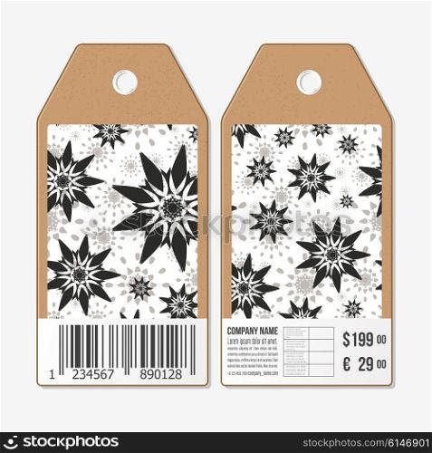 Vector tags design on both sides, cardboard sale labels with barcode. Hand drawn floral doodle pattern, abstract vector background.