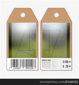 Vector tags design on both sides, cardboard sale labels with barcode. Abstract green background of blurred nature landscapes, geometric vector, triangular style illustration.