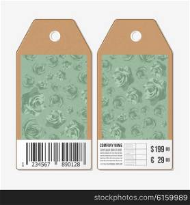 Vector tags design on both sides, cardboard sale labels with barcode. Hand drawn floral pattern, abstract vector background.