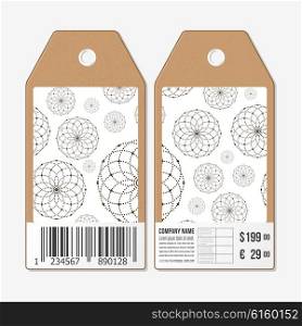 Vector tags design on both sides, cardboard sale labels with barcode. Dotted repeating modern stylish geometric background with circles and nodes. Simple abstract monochrome texture.
