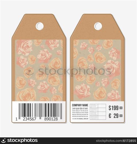 Vector tags design on both sides, cardboard sale labels with barcode. Hand drawn floral pattern, abstract vector background.