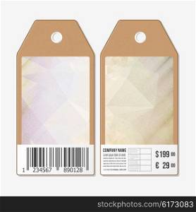 Vector tags design on both sides, cardboard sale labels with barcode. Wooden design, polygonal background, abstract vector illustration.