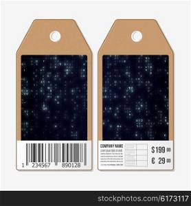 Vector tags design on both sides, cardboard sale labels with barcode. Virtual reality, abstract technology background with blue symbols, vector illustration.