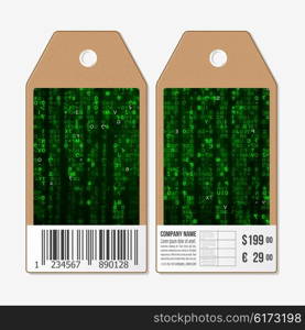 Vector tags design on both sides, cardboard sale labels with barcode. Virtual reality, abstract technology background with green symbols, vector illustration.