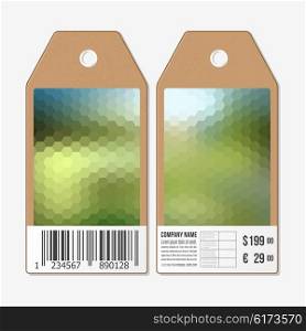 Vector tags design on both sides, cardboard sale labels with barcode. Polygonal design vector, colorful geometric hexagonal backgrounds.