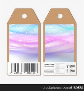Vector tags design on both sides, cardboard sale labels with barcode. Abstract blue wave background, light vector design.