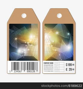 Vector tags design on both sides, cardboard sale labels with barcode. Abstract 3D pyramid, geometric colorful triangle design.