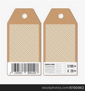 Vector tags design on both sides, cardboard sale labels with barcode. Vintage design, lines vector background.