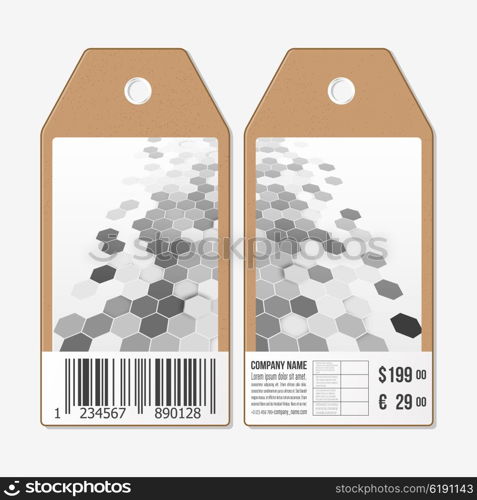 Vector tags design on both sides, cardboard sale labels with barcode. Polygonal design vector, geometric hexagonal backgrounds.