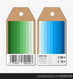 Vector tags design on both sides, cardboard sale labels with barcode. Abstract colorful business background, blue and green colors, modern stylish striped vector texture.