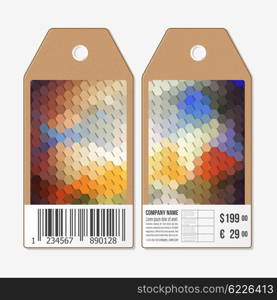 Vector tags design on both sides, cardboard sale labels with barcode. Polygonal design vector, colorful geometric hexagonal backgrounds.