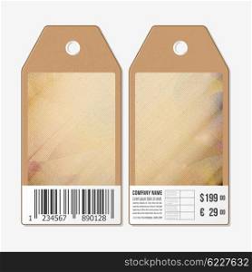 Vector tags design on both sides, cardboard sale labels with barcode. Wooden design, polygonal background, abstract vector illustration.
