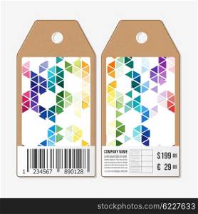 Vector tags design on both sides, cardboard sale labels with barcode. Abstract colorful business background, modern stylish hexagonal and triangle vector texture.