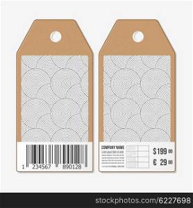 Vector tags design on both sides, cardboard sale labels with barcode. Modern stylish geometric background with circles.