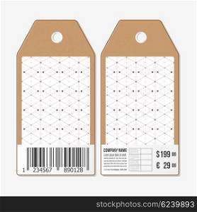Vector tags design on both sides, cardboard sale labels with barcode. Dotted repeating modern stylish geometric background with circles and nodes. Simple abstract monochrome texture.