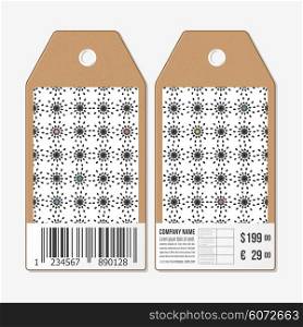 Vector tags design on both sides, cardboard sale labels with barcode. Abstract flowers pattern. Simple black monochrome vector texture.