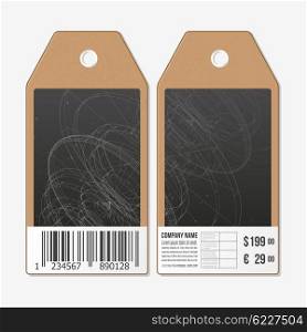 Vector tags design on both sides, cardboard sale labels with barcode. Abstract science vector background.