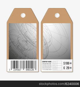 Vector tags design on both sides, cardboard sale labels with barcode. Abstract science vector background.