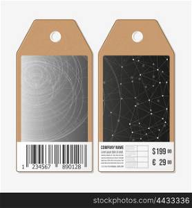 Vector tags design on both sides, cardboard sale labels with barcode. Abstract vector background. Technical construction with connected lines and dots.