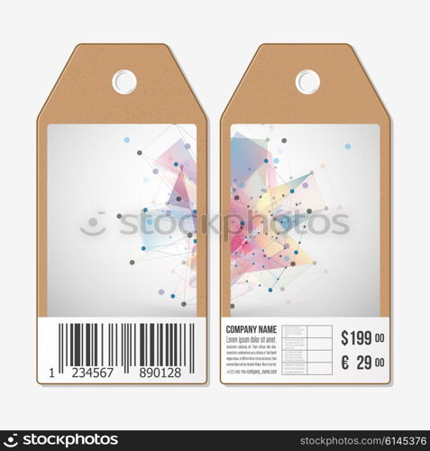 Vector tags design on both sides, cardboard sale labels with barcode. Abstract vector background. Technical construction with connected lines and dots.