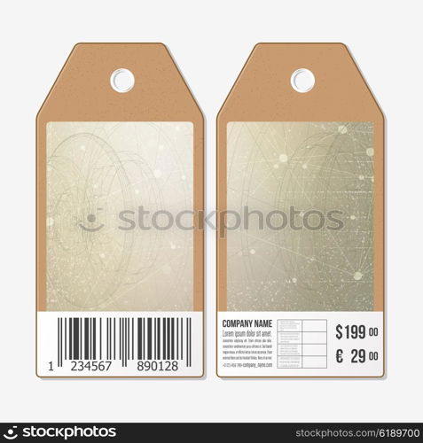 Vector tags design on both sides, cardboard sale labels with barcode. Abstract vector background. Technical construction with connected lines and dots.