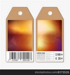 Vector tags design on both sides, cardboard sale labels with barcode. Blurred background. Abstract vector illustration.
