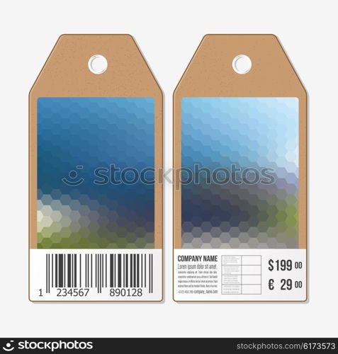 Vector tags design on both sides, cardboard sale labels with barcode. Blurred background. Polygonal design, geometric hexagonal background.