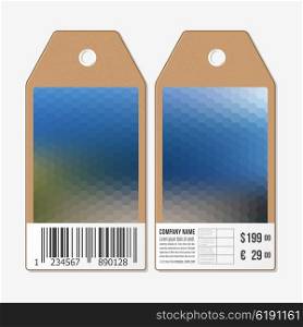 Vector tags design on both sides, cardboard sale labels with barcode. Blurred background. Polygonal design, geometric hexagonal background.