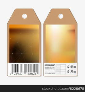 Vector tags design on both sides, cardboard sale labels with barcode. Blurred background. Abstract vector illustration.