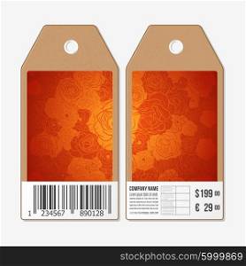 Vector tags design on both sides, cardboard sale labels with barcode. Chinese background. Floral design, vector illustration.