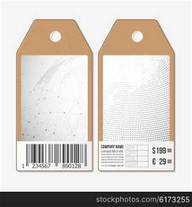 Vector tags design on both sides, cardboard sale labels with barcode. Dotted world globe.