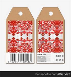 Vector tags design on both sides, cardboard sale labels with barcode. Ethnic pattern. Ukrainian folk art. Traditional embroidery pattern. Abstract vector texture.