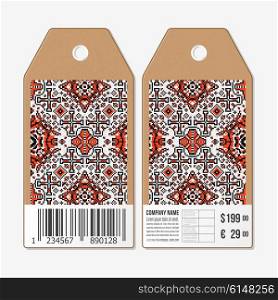 Vector tags design on both sides, cardboard sale labels with barcode. Ethnic pattern. Ukrainian folk art. Traditional embroidery pattern. Abstract vector texture.