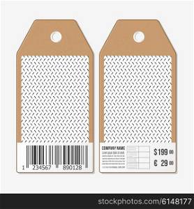 Vector tags design on both sides, cardboard sale labels with barcode. Geometric pattern with strokes. Simple abstract monochrome vector texture.