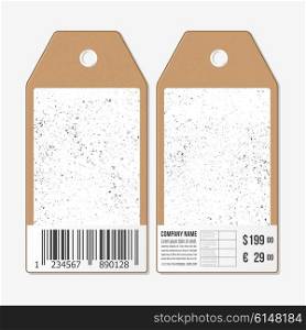 Vector tags design on both sides, cardboard sale labels with barcode. Grunge vector background. Simple abstract monochrome texture.