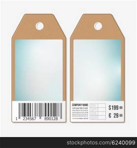 Vector tags design on both sides, cardboard sale labels with barcode. Lines vector background.