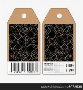 Vector tags design on both sides, cardboard sale labels with barcode. Material Design. Colored vector background.