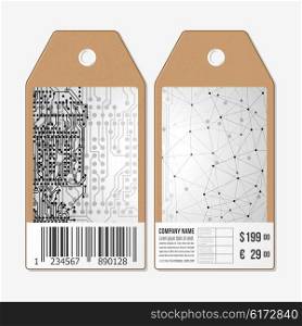 Vector tags design on both sides, cardboard sale labels with barcode. Microchip background, electronic circuit.
