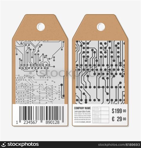 Vector tags design on both sides, cardboard sale labels with barcode. Microchip background, electronic circuit.