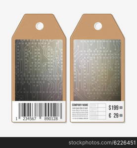 Vector tags design on both sides, cardboard sale labels with barcode. Microchip background, electronic circuit.