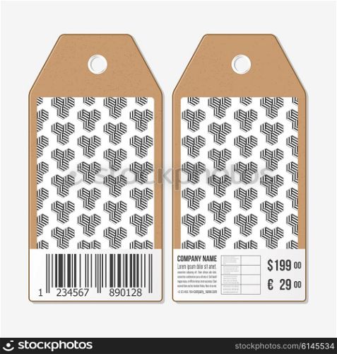 Vector tags design on both sides, cardboard sale labels with barcode. Recurring cubes on background. Geometric pattern. Simple abstract monochrome texture.