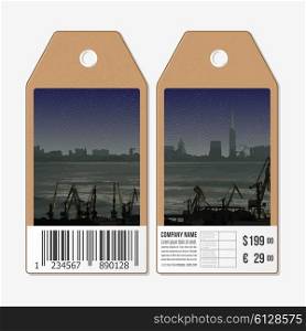 Vector tags design on both sides, cardboard sale labels with barcode. Shipyard and city landscape.
