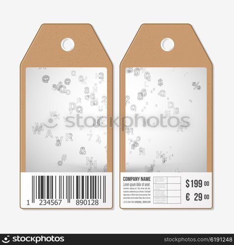 Vector tags design on both sides, cardboard sale labels with barcode. Tags cloud. Abstract business background.