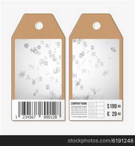 Vector tags design on both sides, cardboard sale labels with barcode. Tags cloud. Abstract business background.