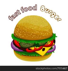 Vector tasty burger with fresh vegetables, cheese and grilled cutlet. Transparent background and inscription