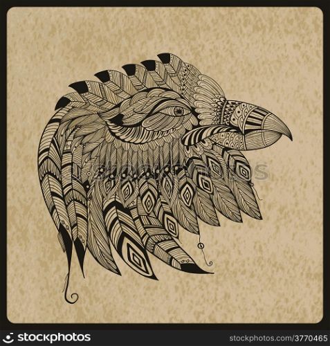 vector tattoo black hand drawn, highly detailed eagle head, native american style, rough paper, texture
