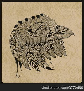 vector tattoo black hand drawn, highly detailed eagle head, native american style, rough paper, texture