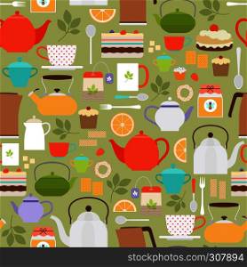 Vector tea seamless pattern with teapots and cups. Tea pattern with teapots and cups