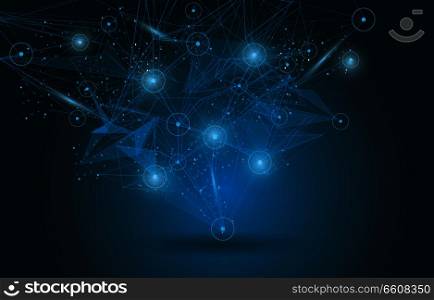 Vector technology background from polygons, light effect on blue