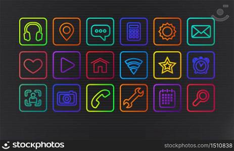 Vector technology icons and signs in neon style on a dark. Vector technology icons and signs in modern neon style